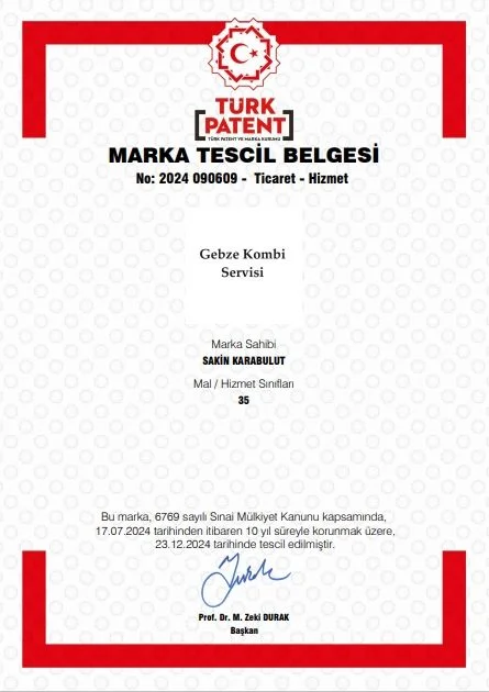 Gebze Kombi Servisi Türk Patent marka tescil belgesi, No: 2024 090609